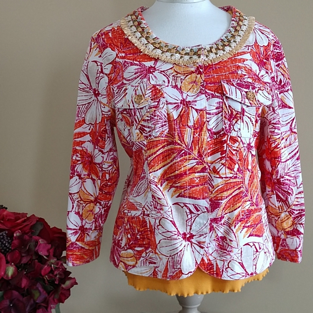 Ruby Rd Jacket & Tank Fringe Tailored Fit 2 Pc Womens Floral Print 3/4 Slve 12 M